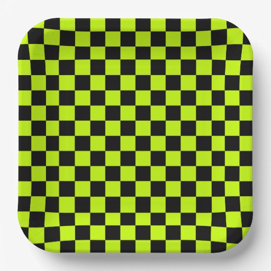 Säuregrün-schwarzes Schachbrettmuster Pappteller (Vorderseite)