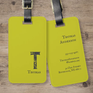 Säuregrüne Einfarbe graue Initialen und Name Gepäckanhänger