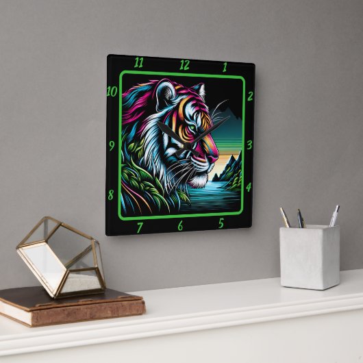 Savage Neon Tiger Artwork Quadratische Wanduhr (Büro)