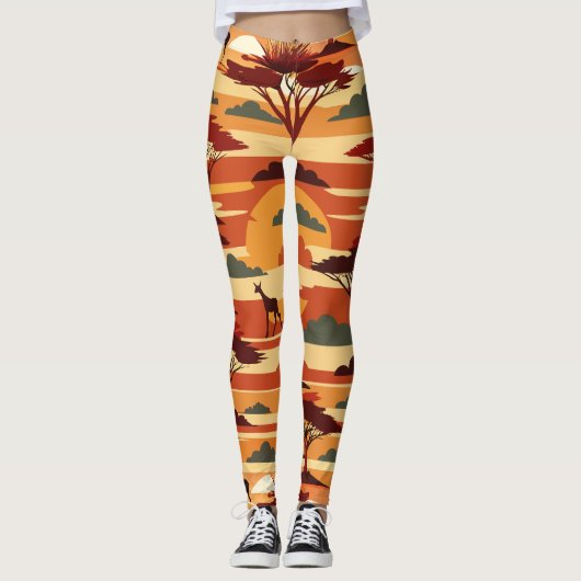 Savanna Sunset Retro Benutzerdefiniertes Muster Leggings (Vorderseite)
