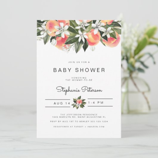 SAVANNAH Aquarell Peach Baby Dusche Einladung (Stehend Vorderseite)