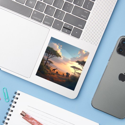 Savannah Dawn - Square Vinyl Aufkleber (Laptop mit iPhone)