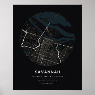 Savannah GA Schwarze Stadtplan-Kunstprint Poster
