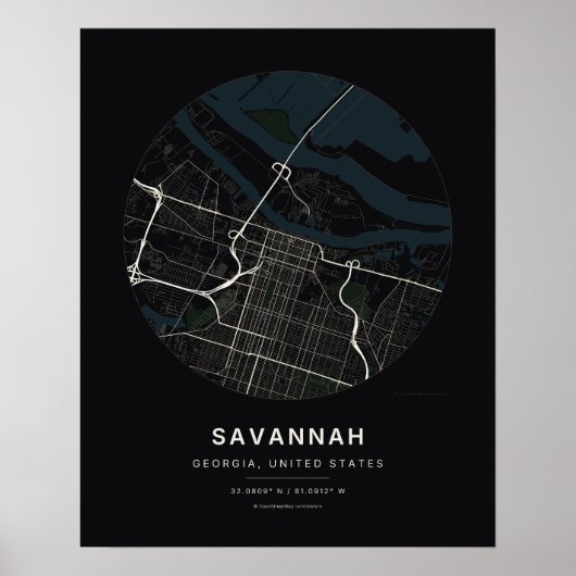 Savannah GA Schwarze Stadtplan-Kunstprint Poster (Vorne)