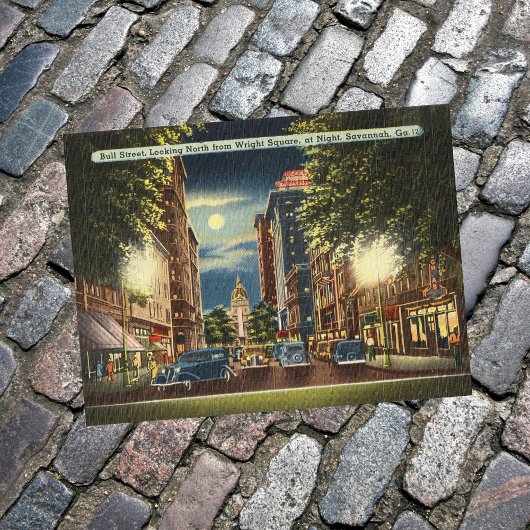 Savannah GA Street Night Vintag Illustration Postkarte