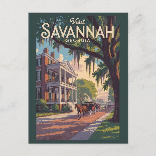Savannah Georgia Horse Carriage Illustration Retro Postkarte (Vorderseite)