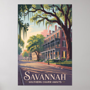 Savannah Georgia Illustration Reise Kunst Vintage Poster