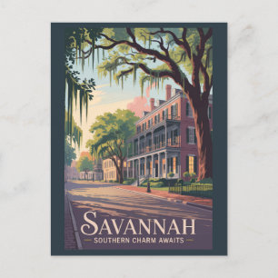 Savannah Georgia Illustration Travel Art Vintag Postkarte
