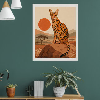 Savannah-Katze auf Fels Boho-Wandkunst-Druck-Dekor Poster
