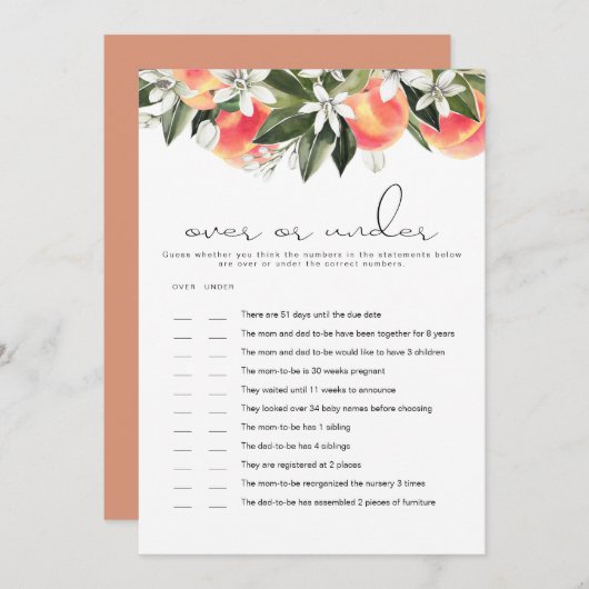 SAVANNAH Peach over under Baby Dusche Game Card Einladung (Vorne/Hinten)