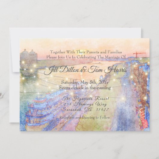 Savannah River Sunset Watercolor Wedding Einladung (Vorderseite)
