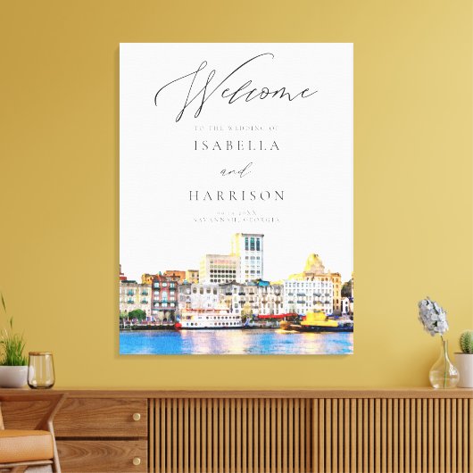 SAVANNAH Watercolor Skyline Wedding Willkommen Leinwanddruck (Insitu (Wohnzimmer))