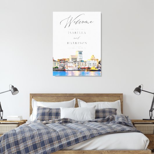 SAVANNAH Watercolor Skyline Wedding Willkommen Leinwanddruck (Insitu (Schlafzimmer))
