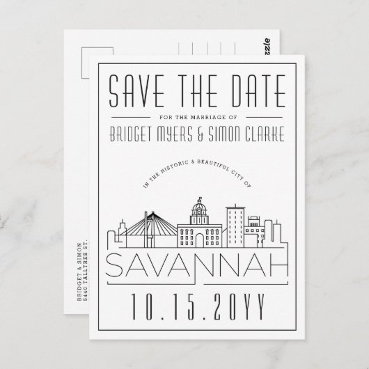 Savannah Wedding | Stilisierte Skyline Save the Da Postkarte (Vorne/Hinten)