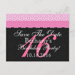 Save the Date 16. Geburtstag Pink und Schwarze Spi Ankündigungspostkarte