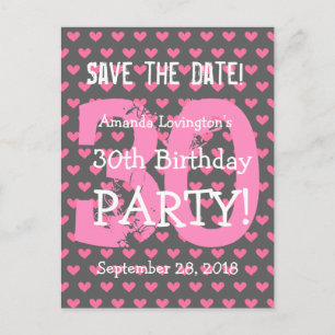 Save the Date 30. Geburtstag V01H Rosa Herzen Ankündigungspostkarte