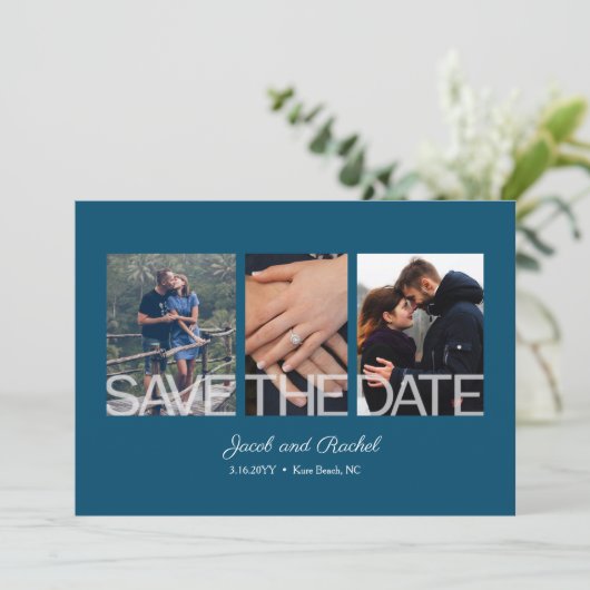 Save the Date 3-Foto Blue Wedding Verlobung (Stehend Vorderseite)