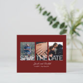 Save the Date 3-Foto Collage Burgundy Red Wedding Postkarte (Stehend Vorderseite)