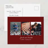 Save the Date 3-Foto Collage Burgundy Red Wedding Postkarte (Vorne/Hinten)