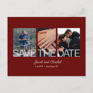 Save the Date 3-Foto Collage Burgundy Red Wedding Postkarte