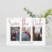Save the Date 3 Foto Rose Gold Modern Script (Stehend Vorderseite)