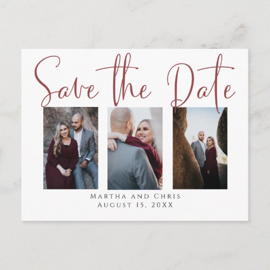 Save the Date 3 Foto Rose Gold Modern Script Ankündigungspostkarte (Vorderseite)