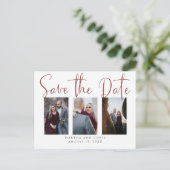 Save the Date 3 Foto Rose Gold Modern Script Ankündigungspostkarte (Stehend Vorderseite)