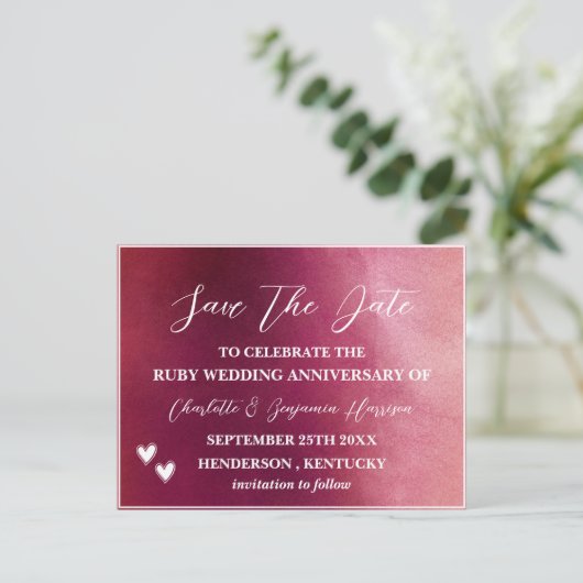 Save the Date 40. Ruby Wedding Jubiläum Postkarte (Stehend Vorderseite)