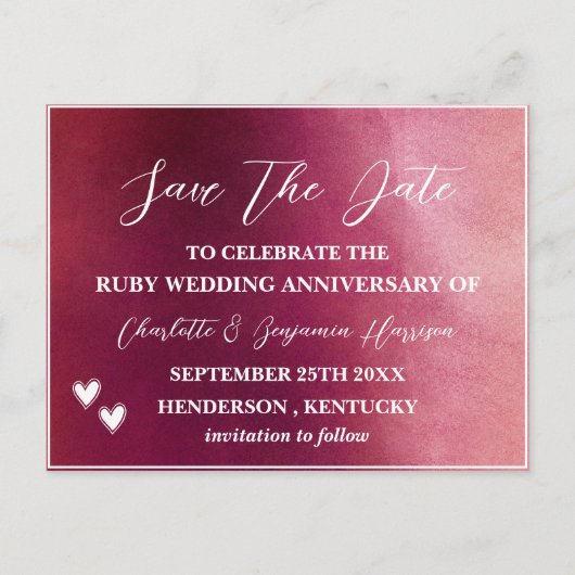 Save the Date 40. Ruby Wedding Jubiläum Postkarte (Vorderseite)