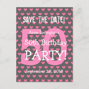 Save the Date 50. Geburtstag V01K Rosa Herzen Ankündigungspostkarte