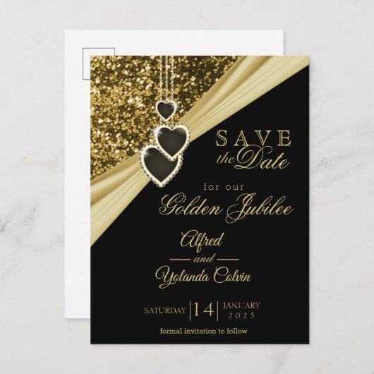 Save the Date - 50. Gold Glitzer Jubiläum Ankündigungspostkarte (Vorne/Hinten)