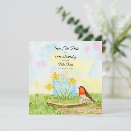 Save The Date 60th Birthday Robin Daffodil Cake (Stehend Vorderseite)