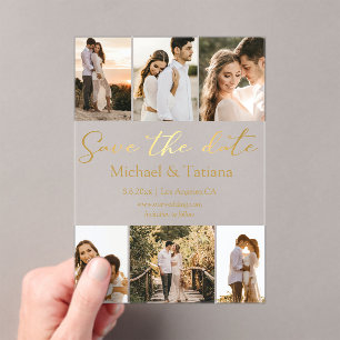 Save the Date 6 Fotos sammeln Goldskripthochzeit Acryleinladungen