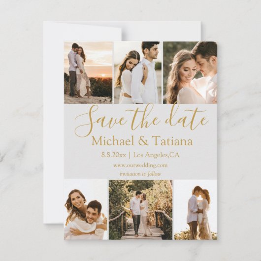 Save the Date 6 Fotos sammeln Hochzeitgold Einladung (Vorderseite)