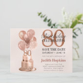 Save the Date 80. Geburtstag Rose Gold Cake (Stehend Vorderseite)