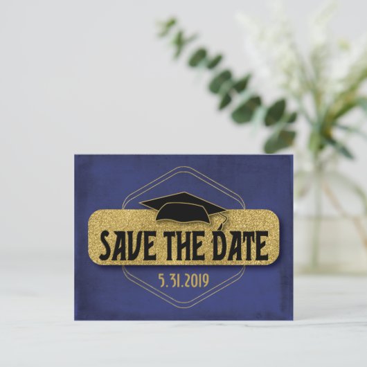 Save the Date Abschluss Blue Gold Elegante Postkarte (Stehend Vorderseite)