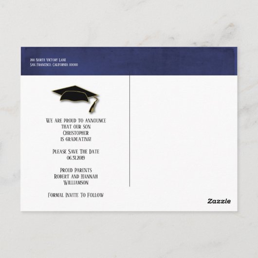 Save the Date Abschluss Blue Gold Elegante Postkarte (Rückseite)