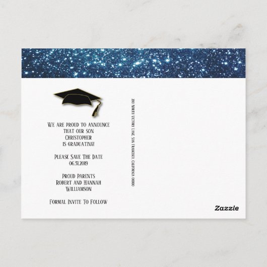Save the Date Abschluss Gold Blue Grad Cap Postkarte (Rückseite)
