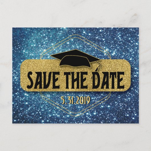 Save the Date Abschluss Gold Blue Grad Cap Postkarte (Vorderseite)
