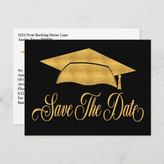 Save the Date Abschluss - Imitate Gold Grad Cap Ankündigungspostkarte (Vorne/Hinten)
