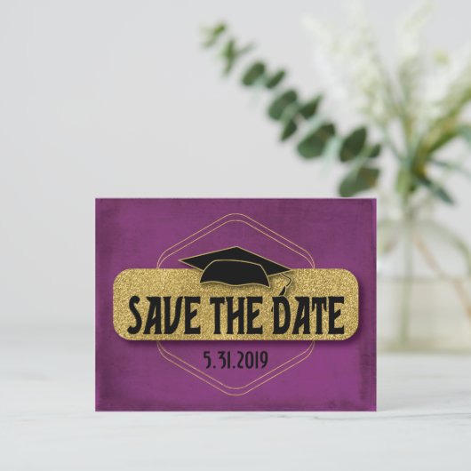 Save the Date Abschluss Modernes Lila Gold Postkarte (Stehend Vorderseite)