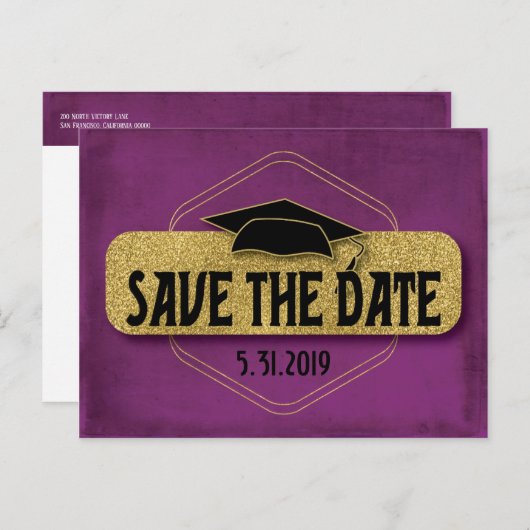 Save the Date Abschluss Modernes Lila Gold Postkarte (Vorne/Hinten)