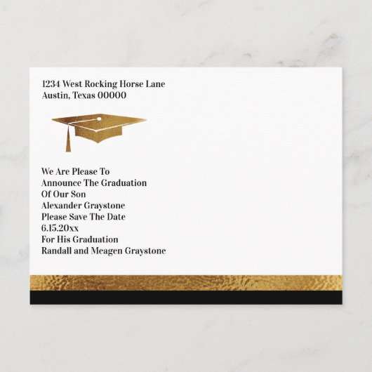 Save the Date Abschluss - Schwarz & Imitate Gold S Ankündigungspostkarte (Rückseite)