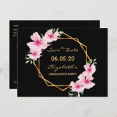 Save the Date Abschluss Schwarz-Rosa-Flora Postkarte (Vorne/Hinten)