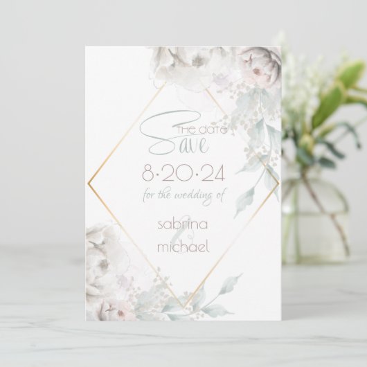 Save The Date | Alabaster White Watercolor Peoning (Stehend Vorderseite)