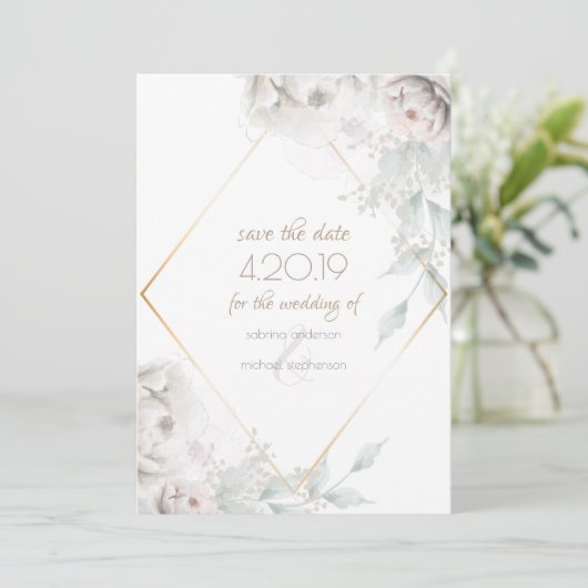 Save The Date | Alabaster White Watercolor Peoning (Stehend Vorderseite)