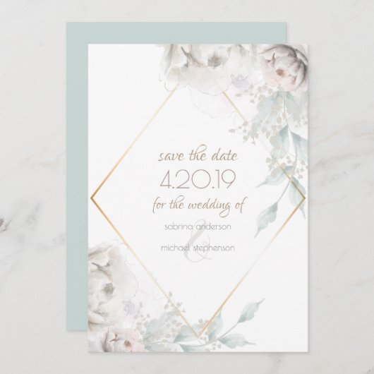 Save The Date | Alabaster White Watercolor Peoning (Vorne/Hinten)