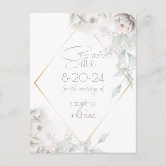 Save The Date | Alabaster White Watercolor Peoning Postkarte (Vorderseite)