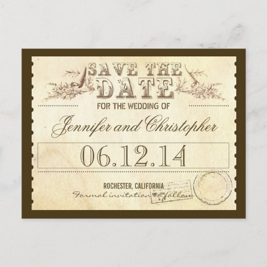 Save the Date alte Vintage Tickets - typografische Ankündigungspostkarte (Vorderseite)