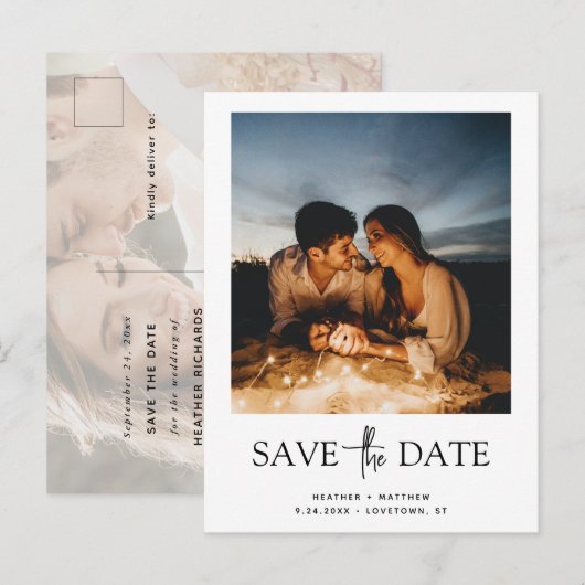 Save the Date Ankündigung mit zwei Fotos Postkarte (Vorne/Hinten)